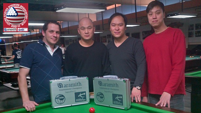 Event 2 winner of the 2013-14 USSA Tour, Raymond Fung (second from left), pictured with runner-up, Henry Wong (second from right), third placed Laszlo Kovacs (far left) and fourth placed Gary Cheung - Photo  SnookerUSA.com
