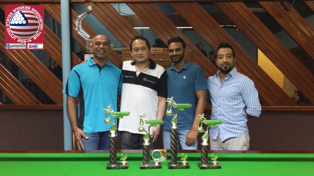 Event 5 winner of the 2013-14 USSA Tour, Keith Boon (second left), pictured with runner-up Shahzad Sarwar (far left), third-placed Mohammed Owais Ahmed (second right), and the proprietor of Champions Snooker, Omar Moton (far right) - Photo  SnookerUSA.com