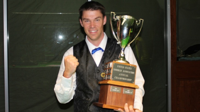 The 2013 United States National Snooker Champion, Corey Deuel, pictured with the Championship trophyc - Photo  SnookerUSA.com