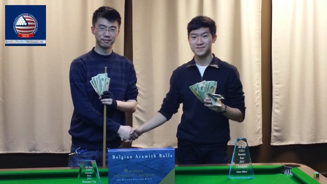 Event 4 winner of the 2014-15 USSA Tour, Andy Liu (right), pictured with runner-up, Nie Xin - Photo  SnookerUSA.com