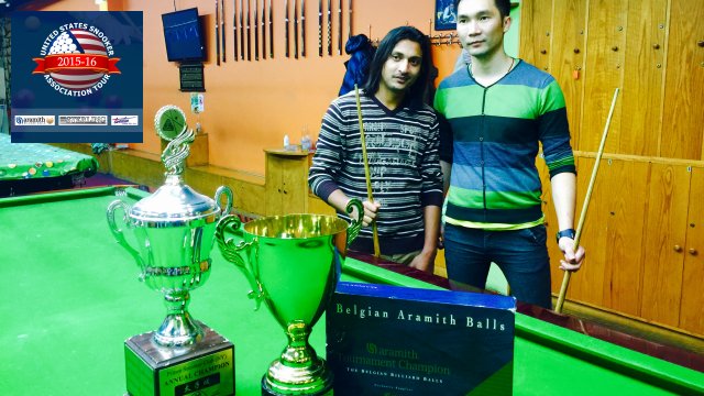Event 2 winner of the 2015-16 USSA Tour, Ali Zafar (left), pictured with runner-up, Leo Liang - Photo  SnookerUSA.com