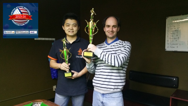 Event 4 winner of the 2015-16 USSA Tour, Alexander Newstead (right), pictured with runner-up, Ming Wu - Photo  SnookerUSA.com