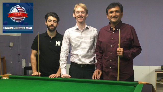 Prabhakar pictured with runner-up Sargon Isaac (left), and partner in the California Snooker Academy, Sam McGrath (center) - Photo  SnookerUSA.com