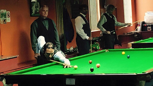 Round of 16 play at the 2015 United States National Snooker Championship, with Ahmed Aly Elsayed pictured at the table, playing Jeff Szafransky (upper left), while in the background, the defending champion Ajeya Prabhakar (center) is up against Don Sitarski - Photo  SnookerUSA.com