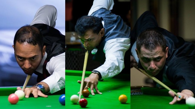 United States representatives in the Men's Event of the 2016 IBSF World Snooker Championships, Ahmed Aly Elsayed (left), Ajeya Prabhakar (center) and Laszlo Kovacs