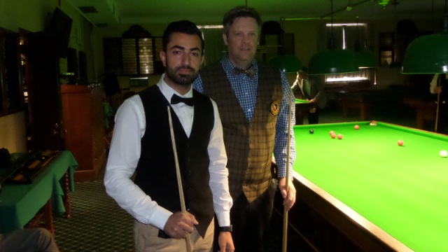Renat Denkha (left) and Ian O'Mahony pictured before the commencement of their quarterfinal tie - Photo  SnookerUSA.com