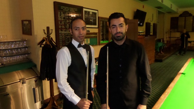 Ahmed Aly Elsayed (left) pictured with Renat Denkha before their semifinal tussle - Photo  SnookerUSA.com