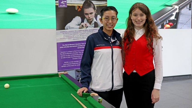 Noland pictured with World Champion Ng On Yee at today's Women's Snooker Open Day in Leeds - Photo courtesy of WLBS